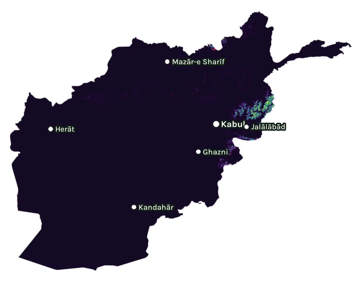 Map of Afghanistan: forest cover in 2000 from dark purple (none) to yellow (dense), and forest lost since 2001 from red (early years) to white (recent)