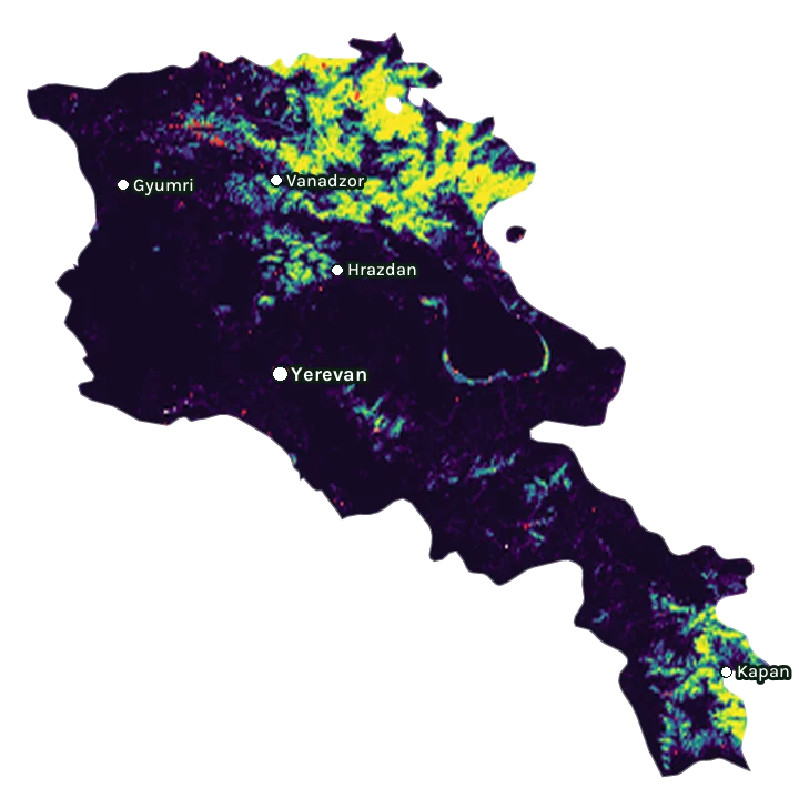 Map of Armenia: forest cover in 2000 from dark purple (none) to yellow (dense), and forest lost since 2001 from red (early years) to white (recent)