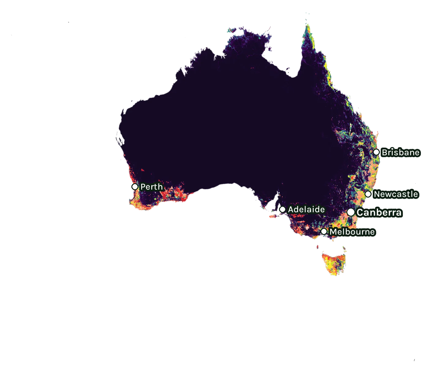 Map of Australia: forest cover in 2000 from dark purple (none) to yellow (dense), and forest lost since 2001 from red (early years) to white (recent)