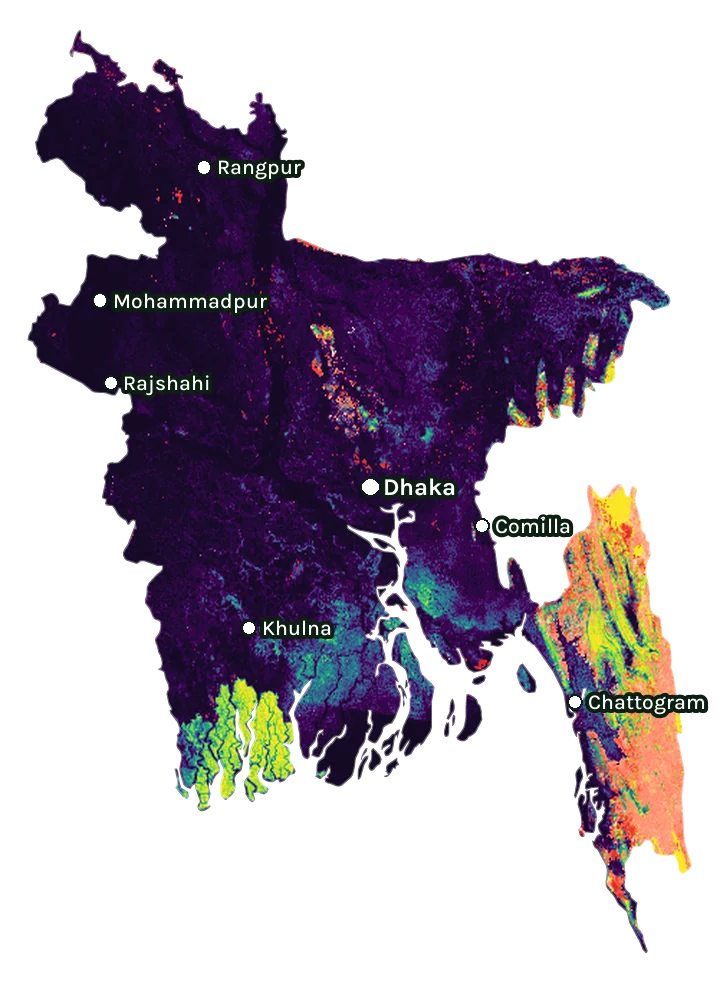 Map of Bangladesh: forest cover in 2000 from dark purple (none) to yellow (dense), and forest lost since 2001 from red (early years) to white (recent)