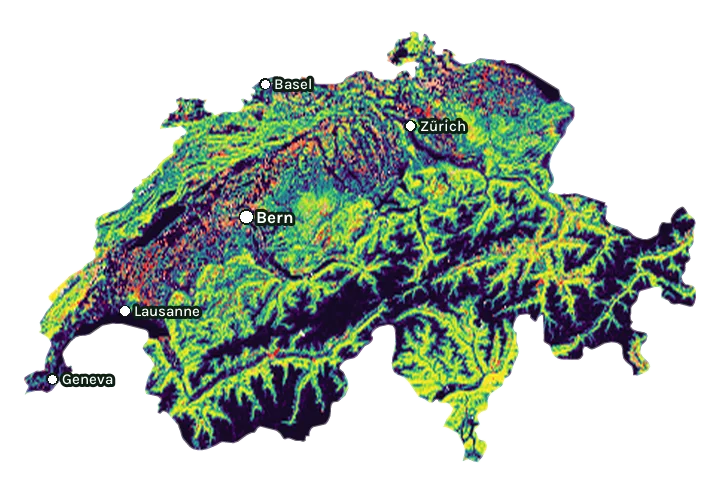 Map of Switzerland: forest cover in 2000 from dark purple (none) to yellow (dense), and forest lost since 2001 from red (early years) to white (recent)