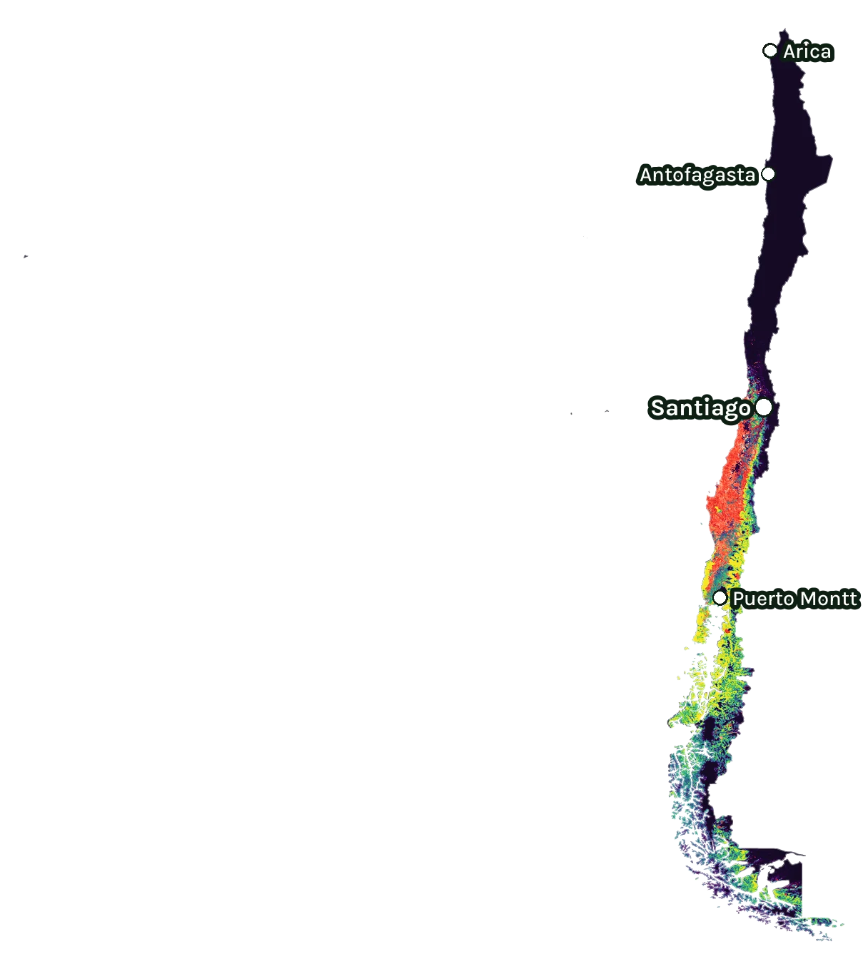 Map of Chile: forest cover in 2000 from dark purple (none) to yellow (dense), and forest lost since 2001 from red (early years) to white (recent)