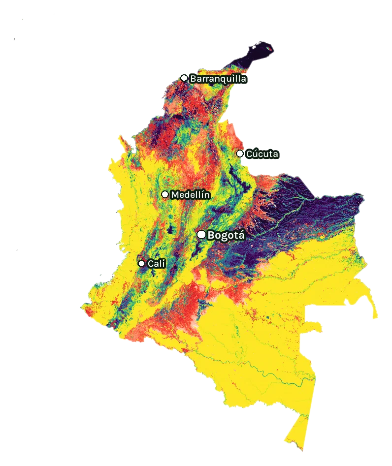 Map of Colombia: forest cover in 2000 from dark purple (none) to yellow (dense), and forest lost since 2001 from red (early years) to white (recent)