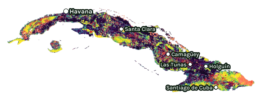 Map of Cuba: forest cover in 2000 from dark purple (none) to yellow (dense), and forest lost since 2001 from red (early years) to white (recent)