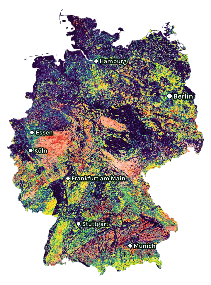Map of Germany: forest cover in 2000 from dark purple (none) to yellow (dense), and forest lost since 2001 from red (early years) to white (recent)