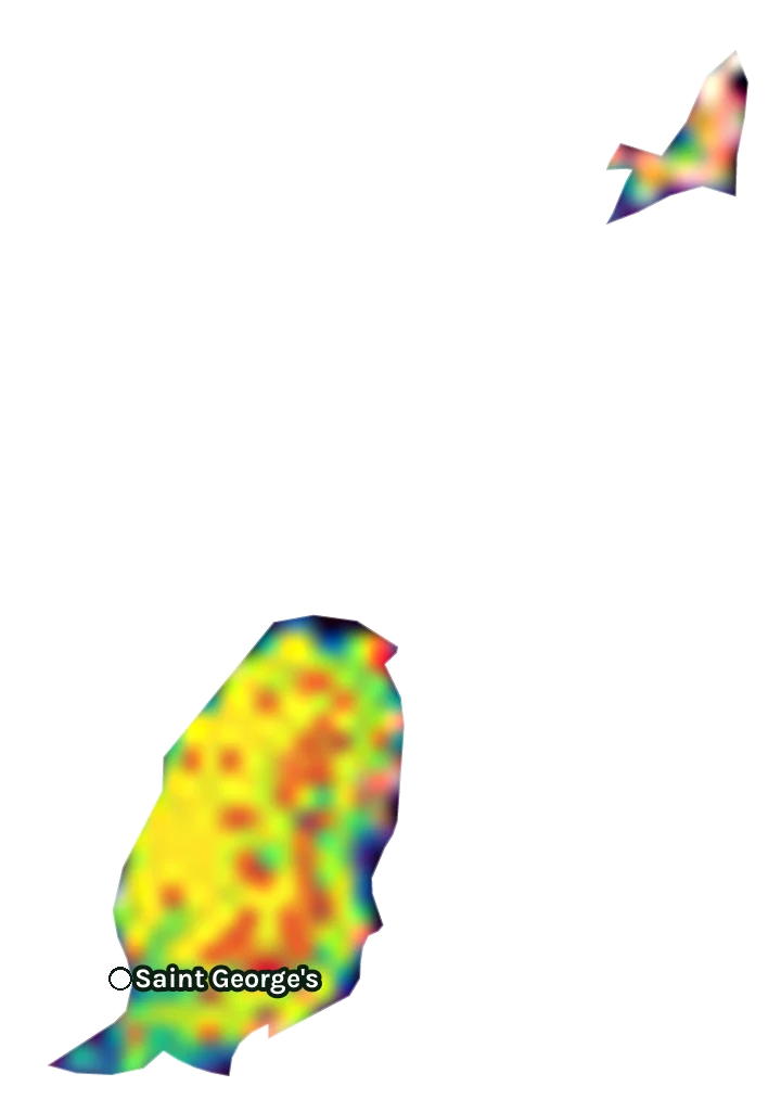 Map of Grenada: forest cover in 2000 from dark purple (none) to yellow (dense), and forest lost since 2001 from red (early years) to white (recent)