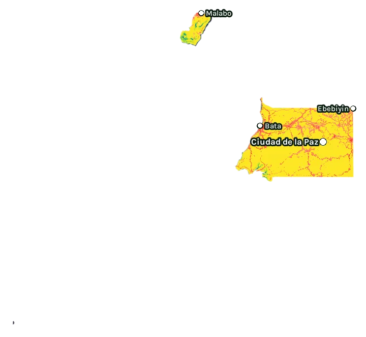 Map of Equatorial Guinea: forest cover in 2000 from dark purple (none) to yellow (dense), and forest lost since 2001 from red (early years) to white (recent)