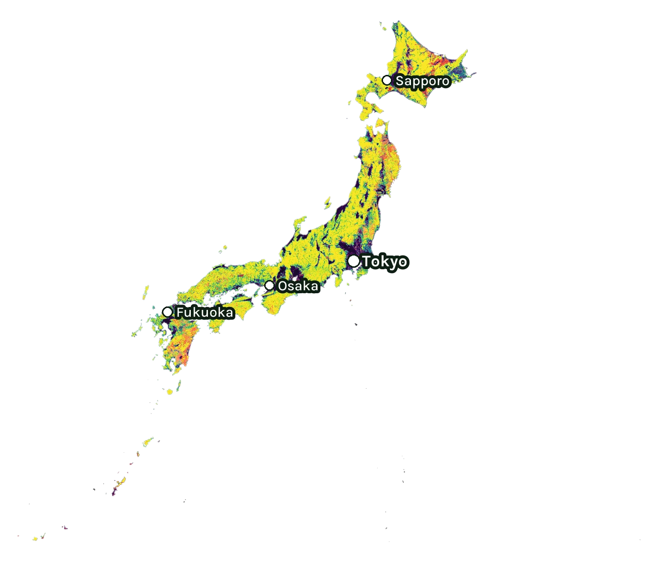 Map of Japan: forest cover in 2000 from dark purple (none) to yellow (dense), and forest lost since 2001 from red (early years) to white (recent)