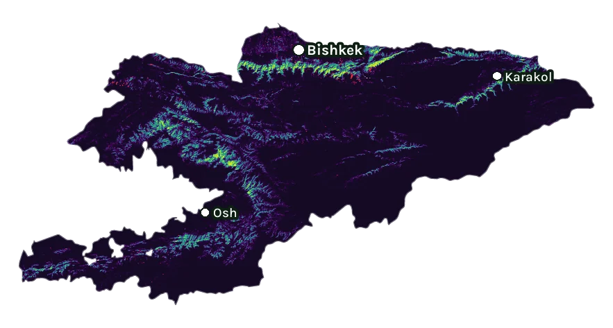 Map of Kyrgyzstan: forest cover in 2000 from dark purple (none) to yellow (dense), and forest lost since 2001 from red (early years) to white (recent)