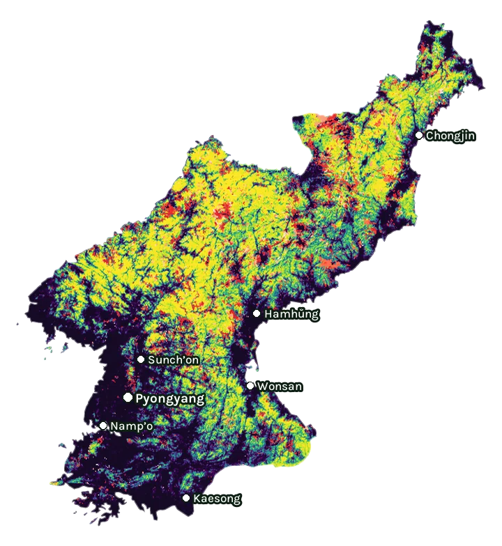Map of North Korea: forest cover in 2000 from dark purple (none) to yellow (dense), and forest lost since 2001 from red (early years) to white (recent)