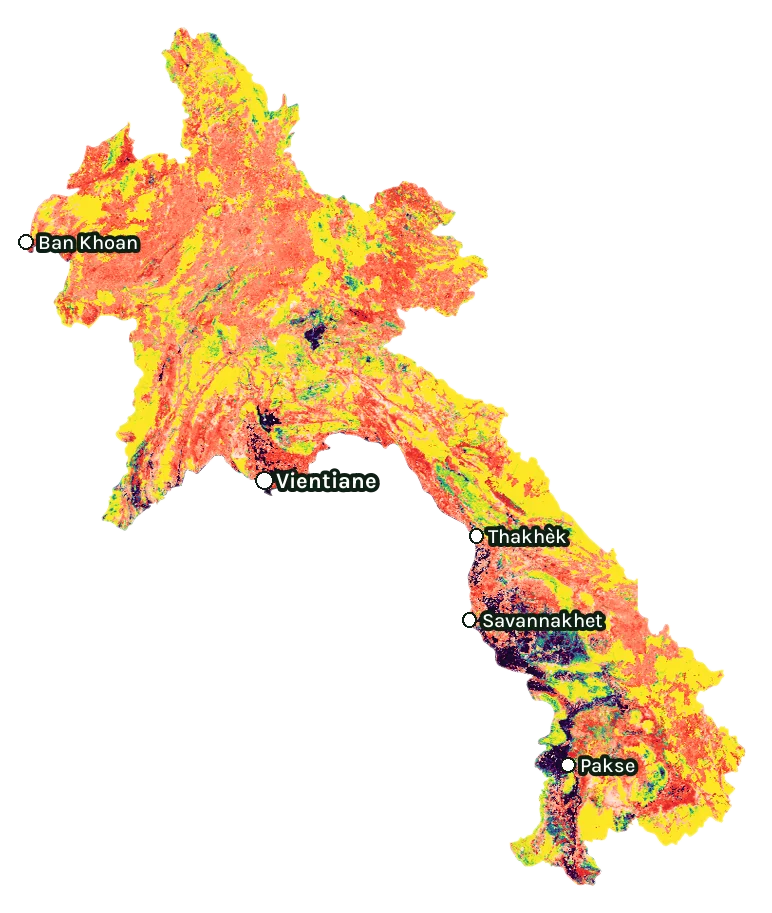 Map of Laos: forest cover in 2000 from dark purple (none) to yellow (dense), and forest lost since 2001 from red (early years) to white (recent)