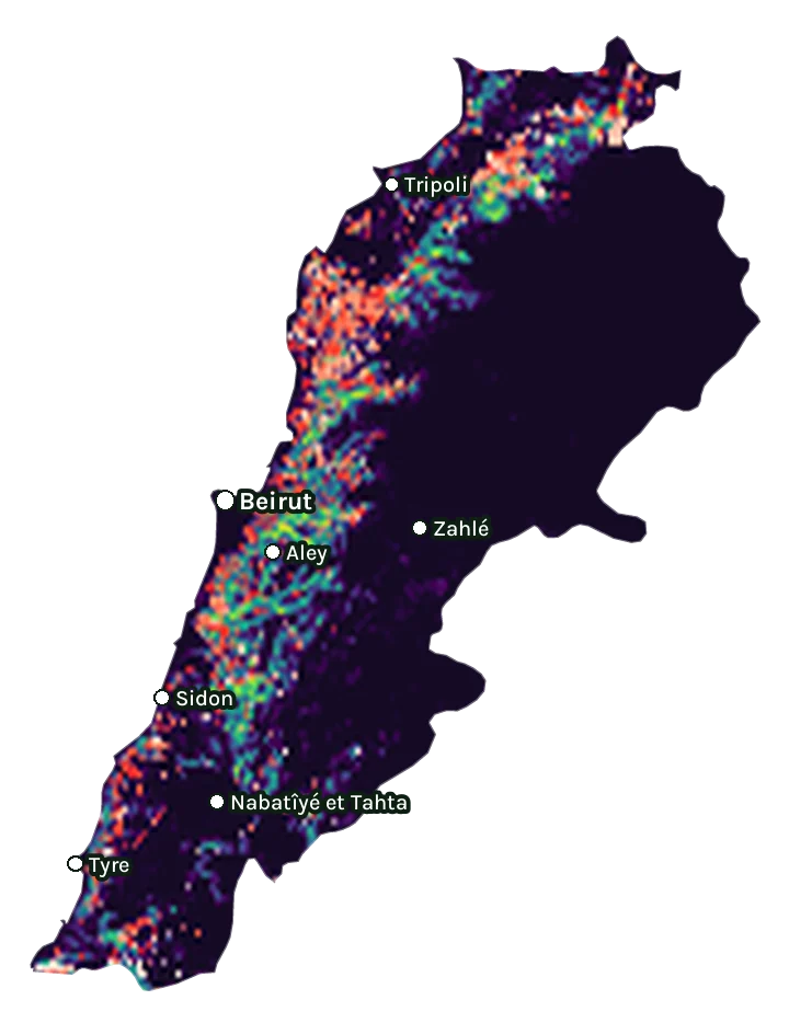 Map of Lebanon: forest cover in 2000 from dark purple (none) to yellow (dense), and forest lost since 2001 from red (early years) to white (recent)