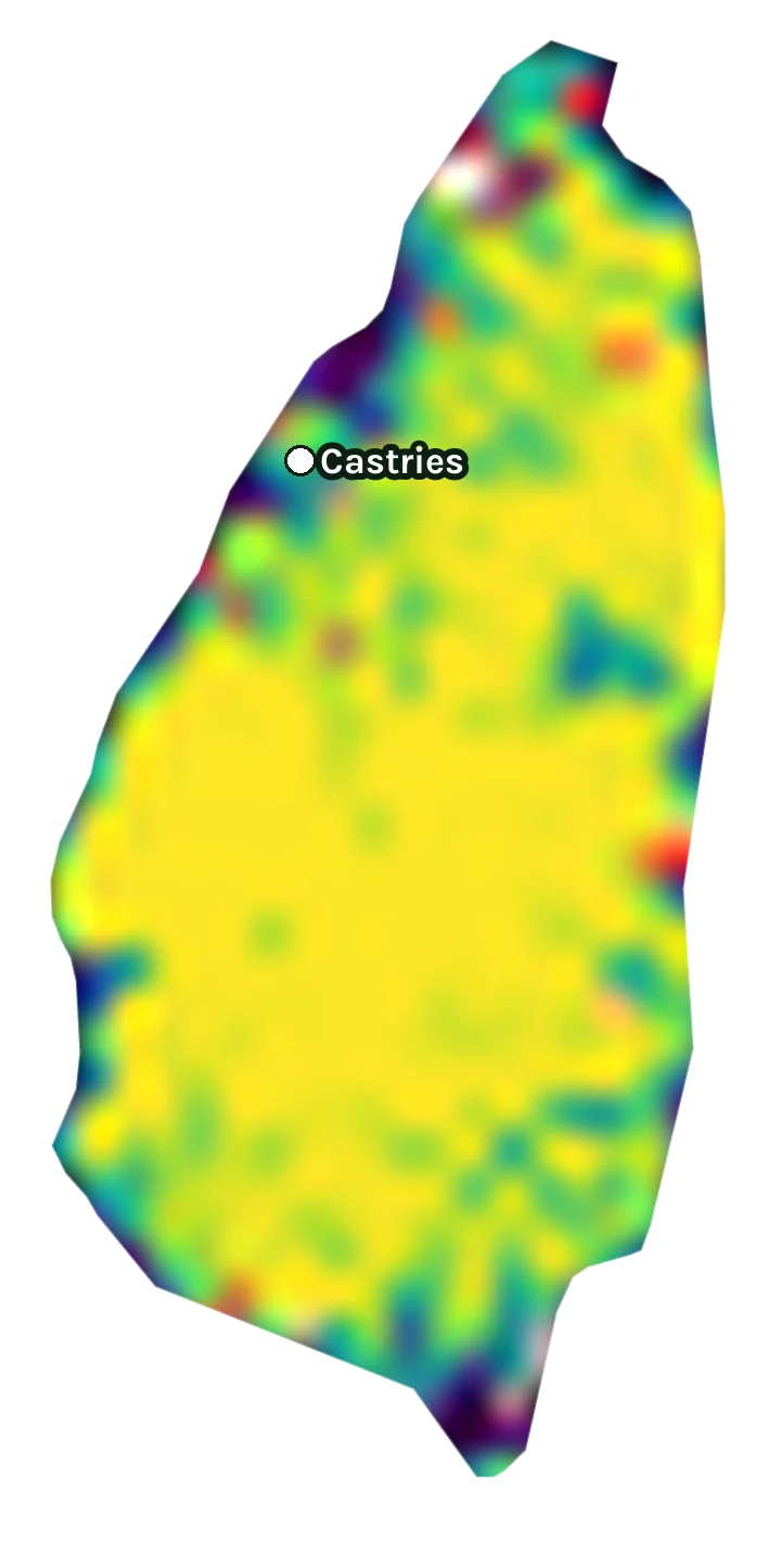 Map of Saint Lucia: forest cover in 2000 from dark purple (none) to yellow (dense), and forest lost since 2001 from red (early years) to white (recent)