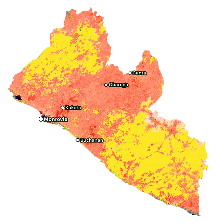 Map of Liberia: forest cover in 2000 from dark purple (none) to yellow (dense), and forest lost since 2001 from red (early years) to white (recent)