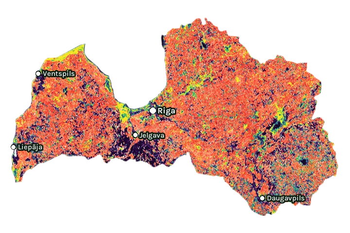 Map of Latvia: forest cover in 2000 from dark purple (none) to yellow (dense), and forest lost since 2001 from red (early years) to white (recent)