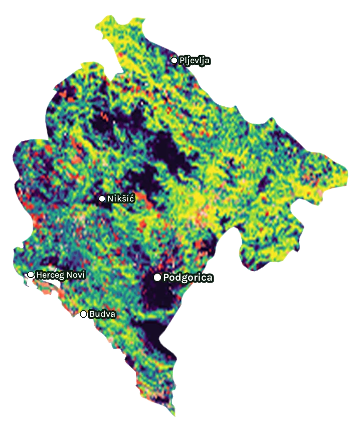 Map of Montenegro: forest cover in 2000 from dark purple (none) to yellow (dense), and forest lost since 2001 from red (early years) to white (recent)