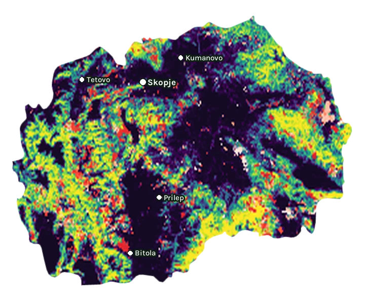 Map of North Macedonia: forest cover in 2000 from dark purple (none) to yellow (dense), and forest lost since 2001 from red (early years) to white (recent)