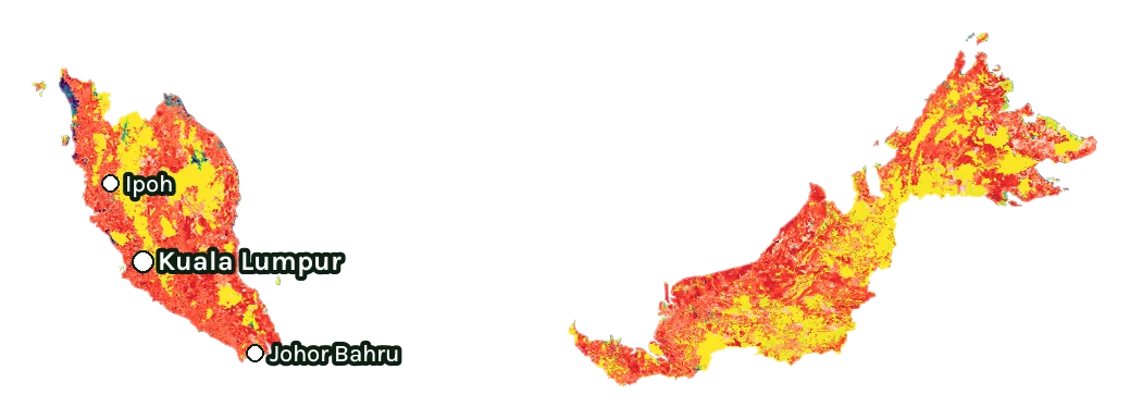 Map of Malaysia: forest cover in 2000 from dark purple (none) to yellow (dense), and forest lost since 2001 from red (early years) to white (recent)