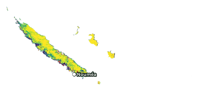 Map of New Caledonia: forest cover in 2000 from dark purple (none) to yellow (dense), and forest lost since 2001 from red (early years) to white (recent)