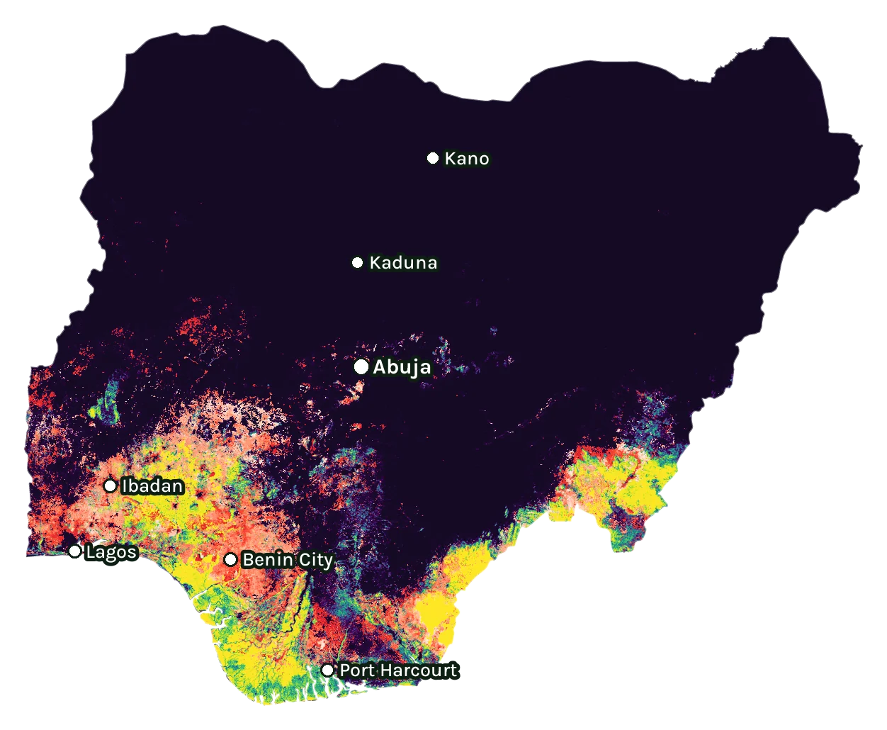 Map of Nigeria: forest cover in 2000 from dark purple (none) to yellow (dense), and forest lost since 2001 from red (early years) to white (recent)