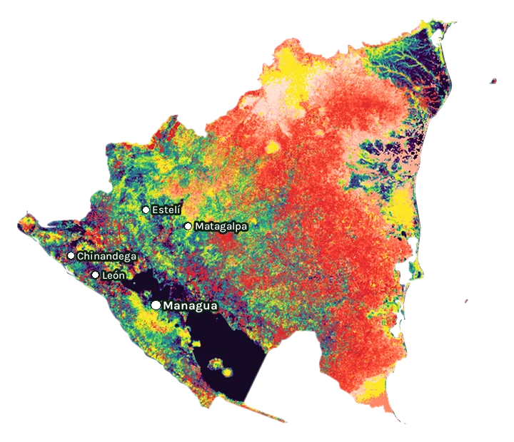 Map of Nicaragua: forest cover in 2000 from dark purple (none) to yellow (dense), and forest lost since 2001 from red (early years) to white (recent)