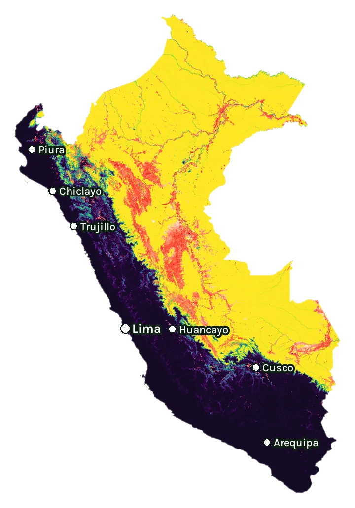 Map of Peru: forest cover in 2000 from dark purple (none) to yellow (dense), and forest lost since 2001 from red (early years) to white (recent)