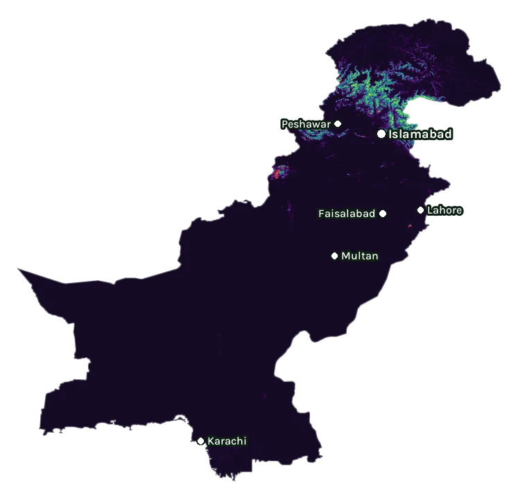 Map of Pakistan: forest cover in 2000 from dark purple (none) to yellow (dense), and forest lost since 2001 from red (early years) to white (recent)