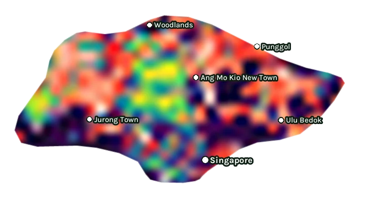 Map of Singapore: forest cover in 2000 from dark purple (none) to yellow (dense), and forest lost since 2001 from red (early years) to white (recent)