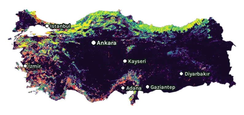 Map of Turkey: forest cover in 2000 from dark purple (none) to yellow (dense), and forest lost since 2001 from red (early years) to white (recent)