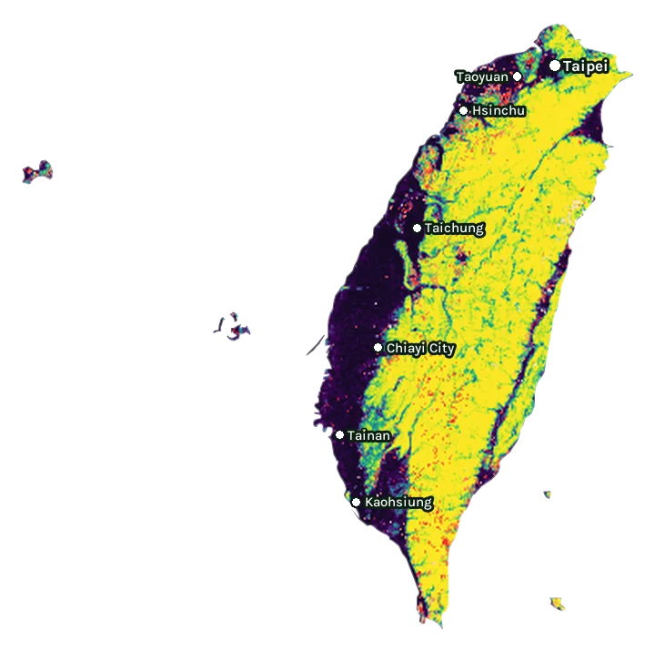 Map of Taiwan: forest cover in 2000 from dark purple (none) to yellow (dense), and forest lost since 2001 from red (early years) to white (recent)