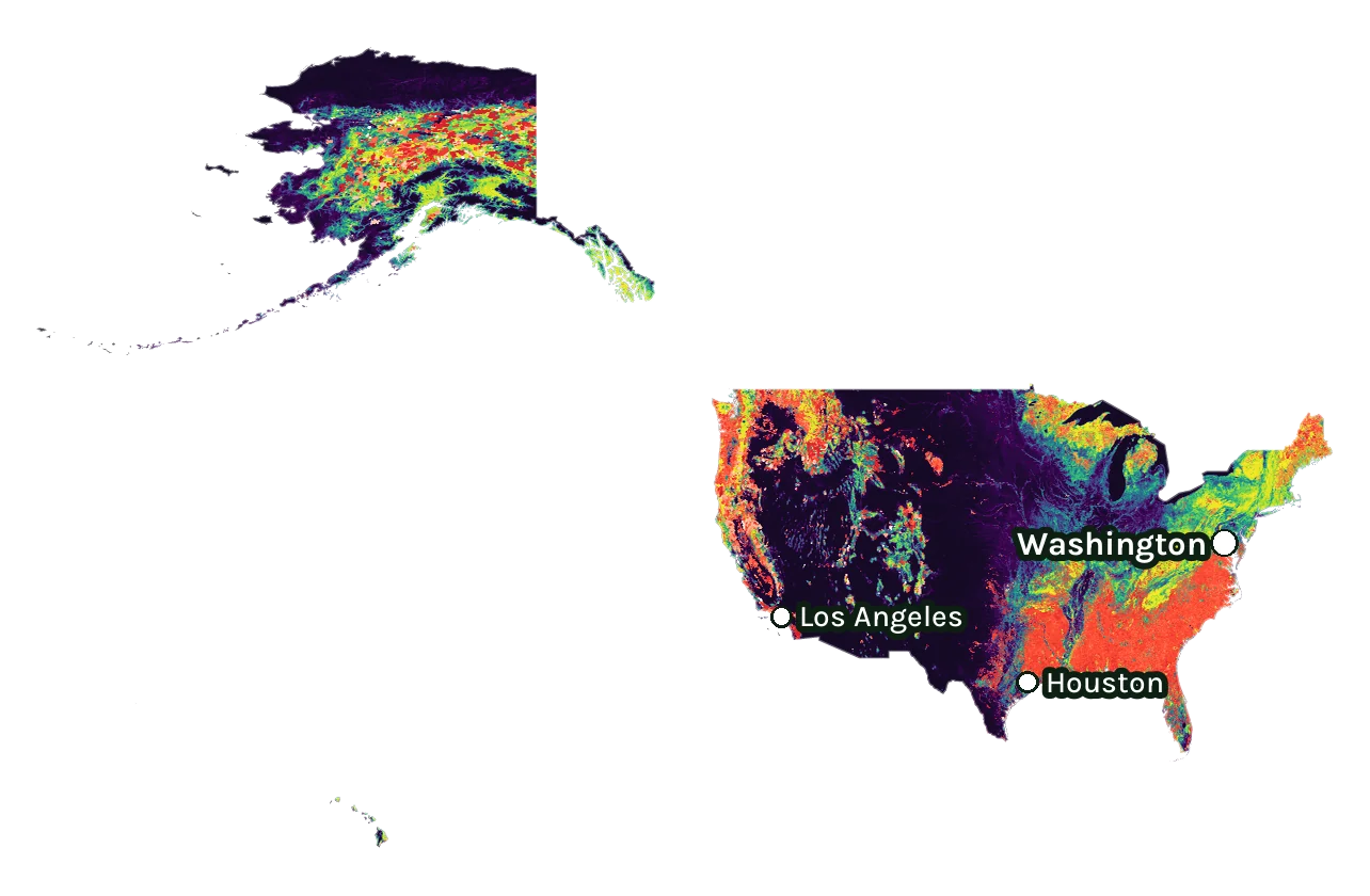 Map of United States: forest cover in 2000 from dark purple (none) to yellow (dense), and forest lost since 2001 from red (early years) to white (recent)