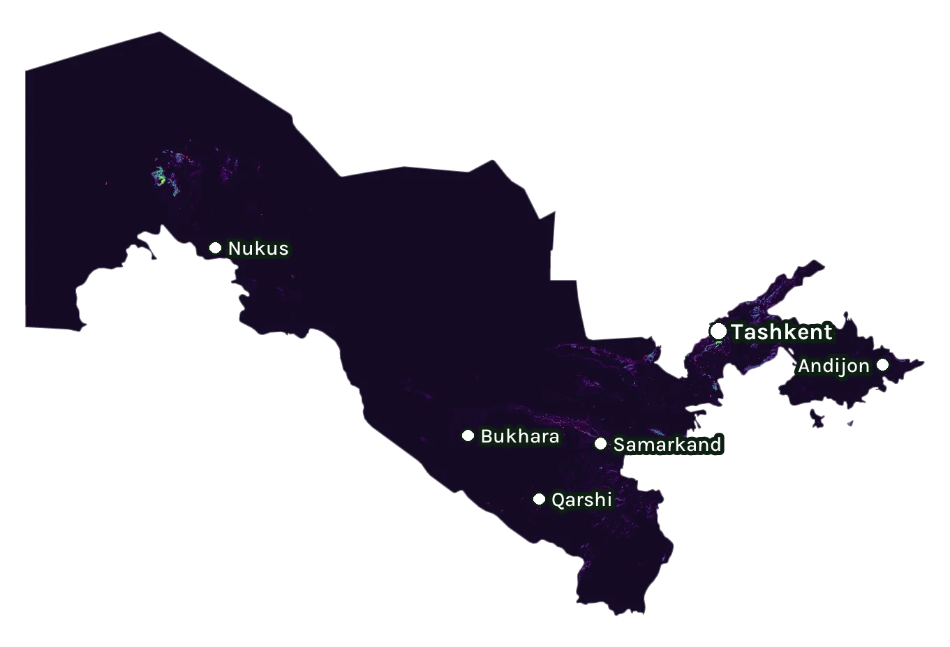 Map of Uzbekistan: forest cover in 2000 from dark purple (none) to yellow (dense), and forest lost since 2001 from red (early years) to white (recent)