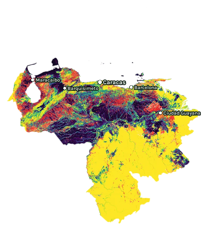 Map of Venezuela: forest cover in 2000 from dark purple (none) to yellow (dense), and forest lost since 2001 from red (early years) to white (recent)