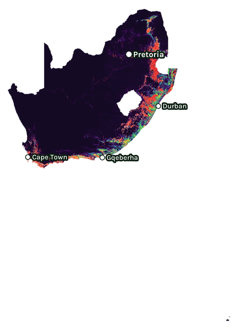 Map of South Africa: forest cover in 2000 from dark purple (none) to yellow (dense), and forest lost since 2001 from red (early years) to white (recent)