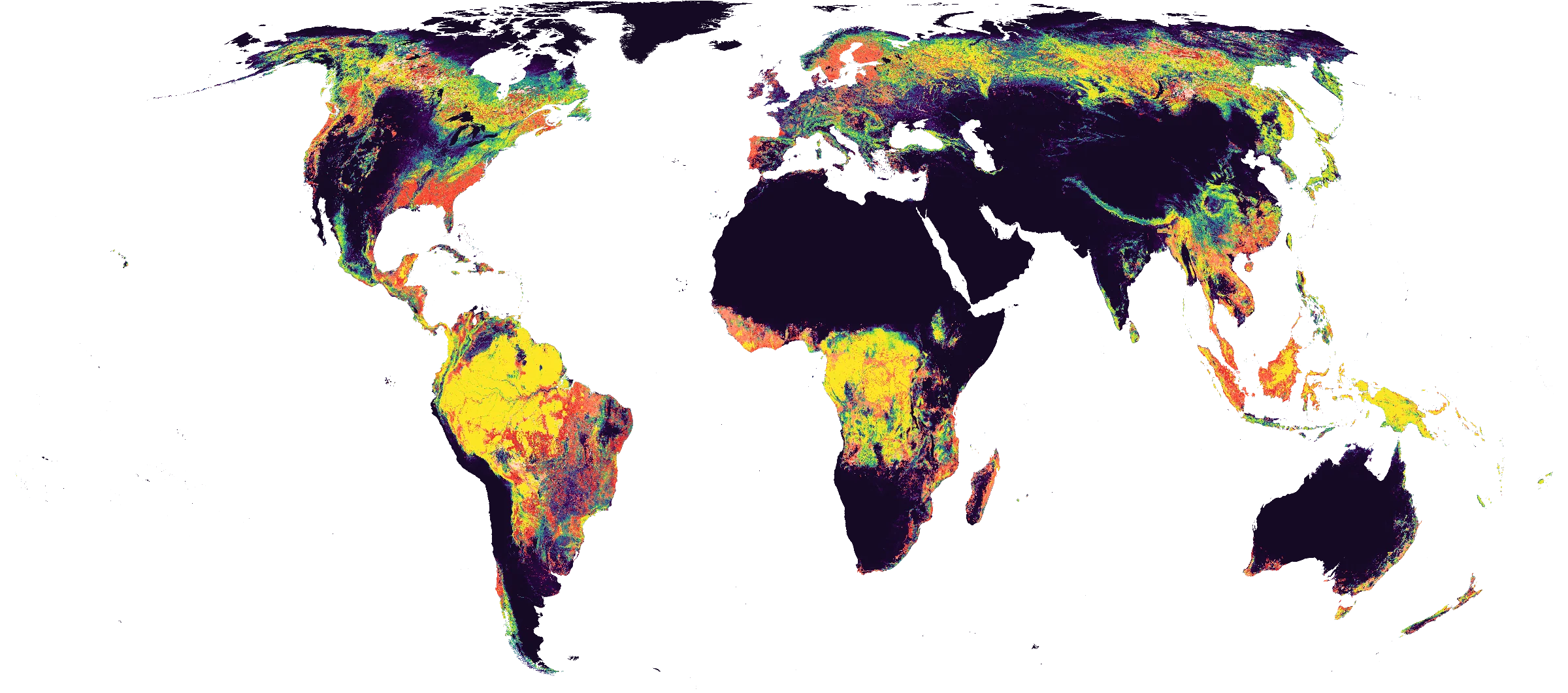 World map: forest cover in 2000 from dark purple (none) to yellow (dense), and forest lost since 2001 from red (early years) to white (recent)